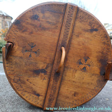 Load image into Gallery viewer, Antique 19th Century Scandinavian Bentwood Box with Prickwork/ Pokerwork Decoration. 16 inches diameter


