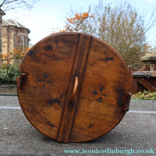 Load image into Gallery viewer, Antique 19th Century Scandinavian Bentwood Box with Prickwork/ Pokerwork Decoration. 16 inches diameter

