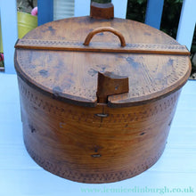 Load image into Gallery viewer, Antique 19th Century Scandinavian Bentwood Box with Prickwork/ Pokerwork Decoration. 16 inches diameter

