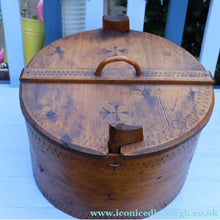 Load image into Gallery viewer, Antique 19th Century Scandinavian Bentwood Box with Prickwork/ Pokerwork Decoration. 16 inches diameter


