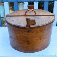 Load image into Gallery viewer, Antique 19th Century Scandinavian Bentwood Box with Prickwork/ Pokerwork Decoration. 16 inches diameter


