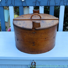 Load image into Gallery viewer, Antique 19th Century Scandinavian Bentwood Box with Prickwork/ Pokerwork Decoration. 16 inches diameter

