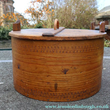 Load image into Gallery viewer, Antique 19th Century Scandinavian Bentwood Box with Prickwork/ Pokerwork Decoration. 16 inches diameter


