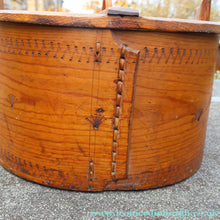Load image into Gallery viewer, Antique 19th Century Scandinavian Bentwood Box with Prickwork/ Pokerwork Decoration. 16 inches diameter

