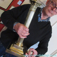 Load image into Gallery viewer, LARGE ANTIQUE Brass Column Lamp with Stepped Plinth Base &amp; Corinthian Capital. WORKING
