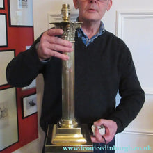 Load image into Gallery viewer, LARGE ANTIQUE Brass Column Lamp with Stepped Plinth Base &amp; Corinthian Capital. WORKING
