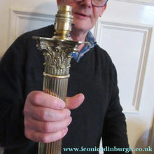 Load image into Gallery viewer, LARGE ANTIQUE Brass Column Lamp with Stepped Plinth Base &amp; Corinthian Capital. WORKING
