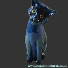 Load image into Gallery viewer, Large ANTIQUE CH Brannam Pottery, Barnstaple, Devon Model of a Seated Cat with Original Yellow Glass Eyes
