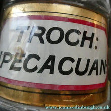 Load image into Gallery viewer, Large Antique Clear Glass Chemist Bottle. TROCH: IPECACUAN: with Original Foil Label and Ball Stopper
