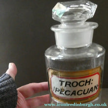 Load image into Gallery viewer, Large Antique Clear Glass Chemist Bottle. TROCH: IPECACUAN: with Original Foil Label and Ball Stopper
