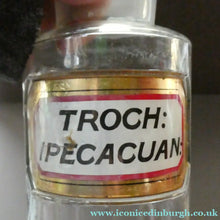 Load image into Gallery viewer, Large Antique Clear Glass Chemist Bottle. TROCH: IPECACUAN: with Original Foil Label and Ball Stopper
