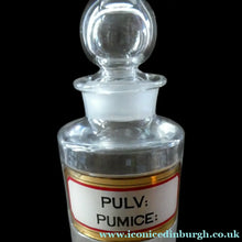 Load image into Gallery viewer, Large Antique Clear Glass Chemist Bottle. PULV: PUMICE: with Original Foil Label and Ball Stopper
