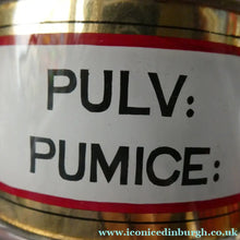 Load image into Gallery viewer, Large Antique Clear Glass Chemist Bottle. PULV: PUMICE: with Original Foil Label and Ball Stopper
