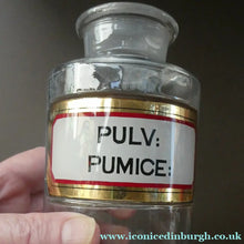 Load image into Gallery viewer, Large Antique Clear Glass Chemist Bottle. PULV: PUMICE: with Original Foil Label and Ball Stopper
