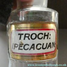 Load image into Gallery viewer, Large Antique Clear Glass Chemist Bottle. TROCH: IPECACUAN: with Original Foil Label and Ball Stopper
