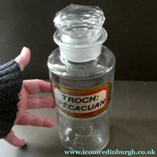 Load image into Gallery viewer, Large Antique Clear Glass Chemist Bottle. TROCH: IPECACUAN: with Original Foil Label and Ball Stopper
