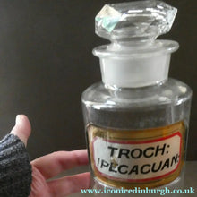 Load image into Gallery viewer, Large Antique Clear Glass Chemist Bottle. TROCH: IPECACUAN: with Original Foil Label and Ball Stopper
