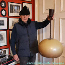Load image into Gallery viewer, LARGE Cream  / Mushroom 1970s GUZZINI STYLE Pendant Hanging RISE and FALL Light Shade with Chrome Cap
