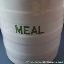 Load image into Gallery viewer, LARGE Early 20th Century Antique Grimwades White Hooped Household Jar or Canister. MEAL (in green letters)
