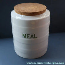 Load image into Gallery viewer, LARGE Early 20th Century Antique Grimwades White Hooped Household Jar or Canister. MEAL (in green letters)
