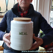 Load image into Gallery viewer, LARGE Early 20th Century Antique Grimwades White Hooped Household Jar or Canister. MEAL (in green letters)

