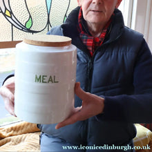 Load image into Gallery viewer, LARGE Early 20th Century Antique Grimwades White Hooped Household Jar or Canister. MEAL (in green letters)
