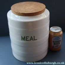 Load image into Gallery viewer, LARGE Early 20th Century Antique Grimwades White Hooped Household Jar or Canister. MEAL (in green letters)
