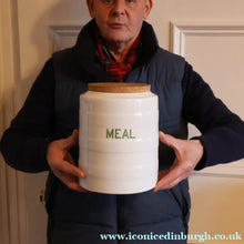 Load image into Gallery viewer, LARGE Early 20th Century Antique Grimwades White Hooped Household Jar or Canister. MEAL (in green letters)
