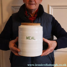 Load image into Gallery viewer, LARGE Early 20th Century Antique Grimwades White Hooped Household Jar or Canister. MEAL (in green letters)
