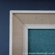 Load image into Gallery viewer, LARGE Kitsch Embroidery Turquoise Tweed Collage Panel Showing a Large Stylized Owl. In original 60s frame
