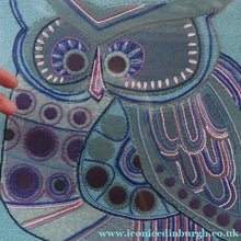 Load image into Gallery viewer, LARGE Kitsch Embroidery Turquoise Tweed Collage Panel Showing a Large Stylized Owl. In original 60s frame
