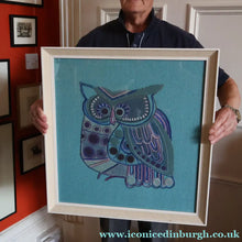 Load image into Gallery viewer, LARGE Kitsch Embroidery Turquoise Tweed Collage Panel Showing a Large Stylized Owl. In original 60s frame
