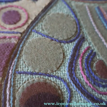 Load image into Gallery viewer, LARGE Kitsch Embroidery Turquoise Tweed Collage Panel Showing a Large Stylized Owl. In original 60s frame
