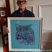 Load image into Gallery viewer, LARGE Kitsch Embroidery Turquoise Tweed Collage Panel Showing a Large Stylized Owl. In original 60s frame
