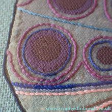 Load image into Gallery viewer, LARGE Kitsch Embroidery Turquoise Tweed Collage Panel Showing a Large Stylized Owl. In original 60s frame
