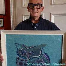Load image into Gallery viewer, LARGE Kitsch Embroidery Turquoise Tweed Collage Panel Showing a Large Stylized Owl. In original 60s frame
