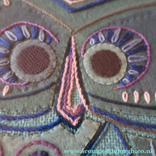 Load image into Gallery viewer, LARGE Kitsch Embroidery Turquoise Tweed Collage Panel Showing a Large Stylized Owl. In original 60s frame
