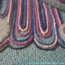 Load image into Gallery viewer, LARGE Kitsch Embroidery Turquoise Tweed Collage Panel Showing a Large Stylized Owl. In original 60s frame
