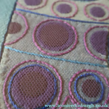 Load image into Gallery viewer, LARGE Kitsch Embroidery Turquoise Tweed Collage Panel Showing a Large Stylized Owl. In original 60s frame
