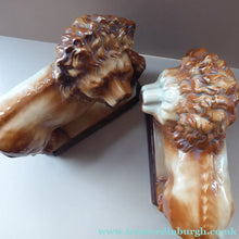 Load image into Gallery viewer, LARGE PAIR of ANTIQUE Staffordshire Style Medici Lions with front paw on ball. 14 inches in length
