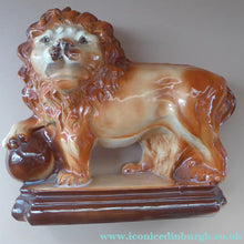 Load image into Gallery viewer, LARGE PAIR of ANTIQUE Staffordshire Style Medici Lions with front paw on ball. 14 inches in length
