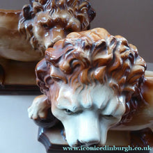 Load image into Gallery viewer, LARGE PAIR of ANTIQUE Staffordshire Style Medici Lions with front paw on ball. 14 inches in length
