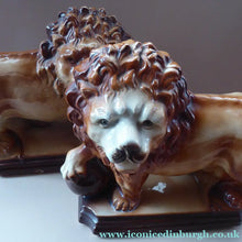 Load image into Gallery viewer, LARGE PAIR of ANTIQUE Staffordshire Style Medici Lions with front paw on ball. 14 inches in length
