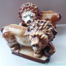 Load image into Gallery viewer, LARGE PAIR of ANTIQUE Staffordshire Style Medici Lions with front paw on ball. 14 inches in length

