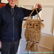 Load image into Gallery viewer, LARGE Rustic 1970s Vintage Macrame WALL HANGING Barn Owl Sitting on a Branch. 27 inches overall height

