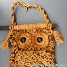 Load image into Gallery viewer, LARGE Rustic 1970s Vintage Macrame WALL HANGING Barn Owl Sitting on a Branch. 27 inches overall height
