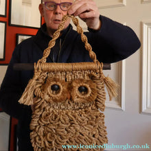 Load image into Gallery viewer, LARGE Rustic 1970s Vintage Macrame WALL HANGING Barn Owl Sitting on a Branch. 27 inches overall height
