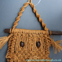 Load image into Gallery viewer, LARGE Rustic 1970s Vintage Macrame WALL HANGING Barn Owl Sitting on a Branch. 27 inches overall height
