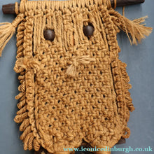 Load image into Gallery viewer, LARGE Rustic 1970s Vintage Macrame WALL HANGING Barn Owl Sitting on a Branch. 27 inches overall height
