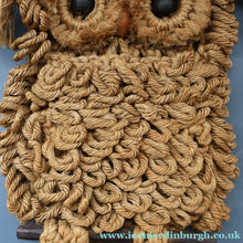 Load image into Gallery viewer, LARGE Rustic 1970s Vintage Macrame WALL HANGING Barn Owl Sitting on a Branch. 27 inches overall height
